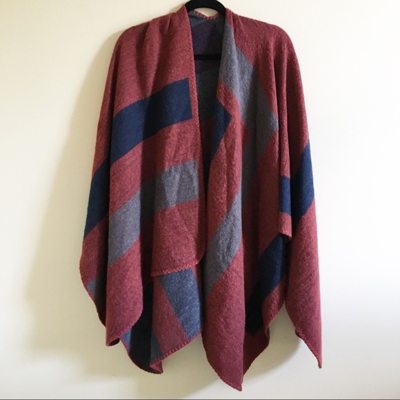 BB Dakota Sweaters - BB DAKOTA Red Blue Poncho Shawl Wrap